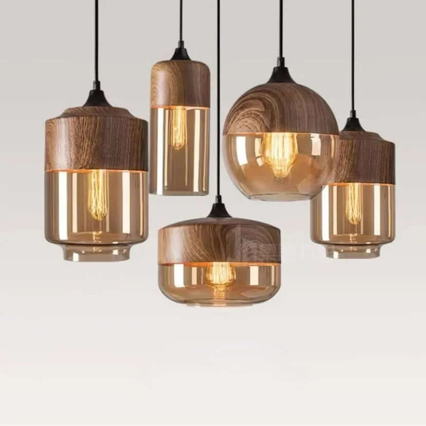 Élégante suspension en verre et bois