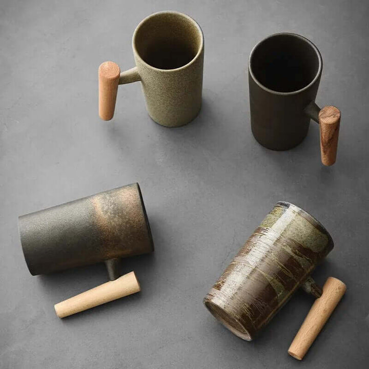 Nordische Keramik Latte Tassen 2er Set - Holzgriff