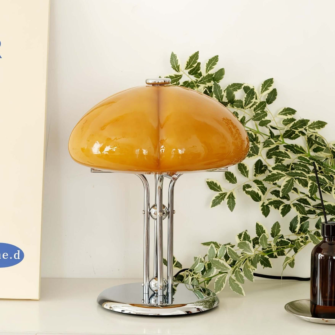 Pilz Design Tischlampe Glas Bernstein