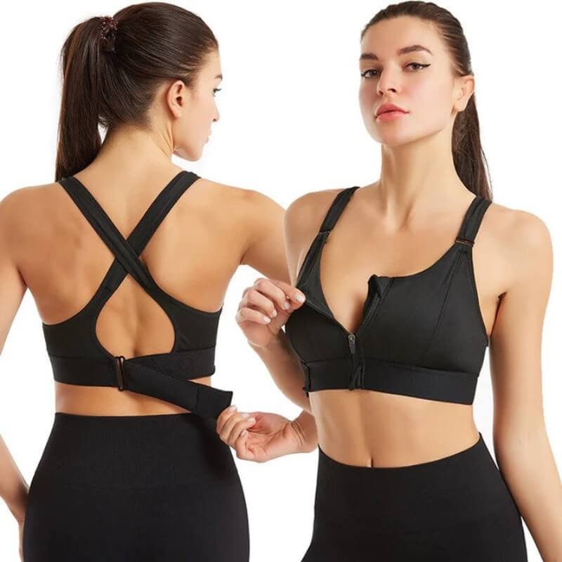 "Damen Sport-BH mit starker Unterstützung, verstellbaren Trägern, atmungsaktiv für intensives Workout, Vorderansicht"