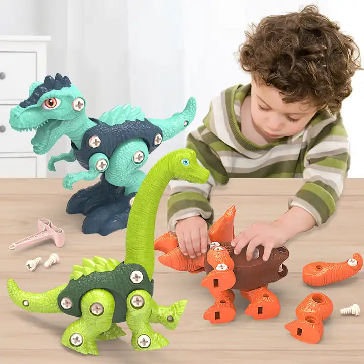 Dinosaurier Konstruktionsset für Kinder: Buntes, interaktives Bau- und Schraubenset mit vier Modellen und kindgerechtem Werkz