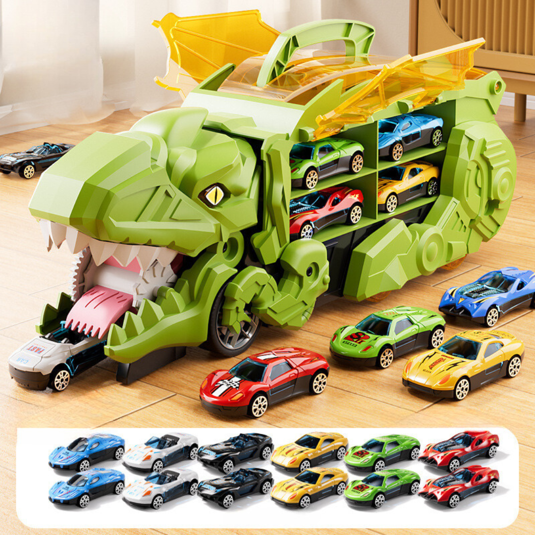 "Dinosaurier-Spielzeugtruck mit LED-Lichtern, verwandelt sich in Dinosaurier, farbenfroh für Kinderabenteuer"