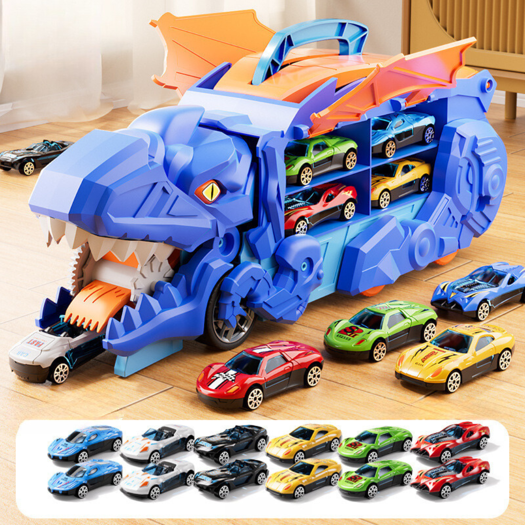 "Dinosaurier-Spielzeugtruck mit LED-Lichtern, verwandelt sich in Dinosaurier, farbenfroh für Kinderabenteuer"