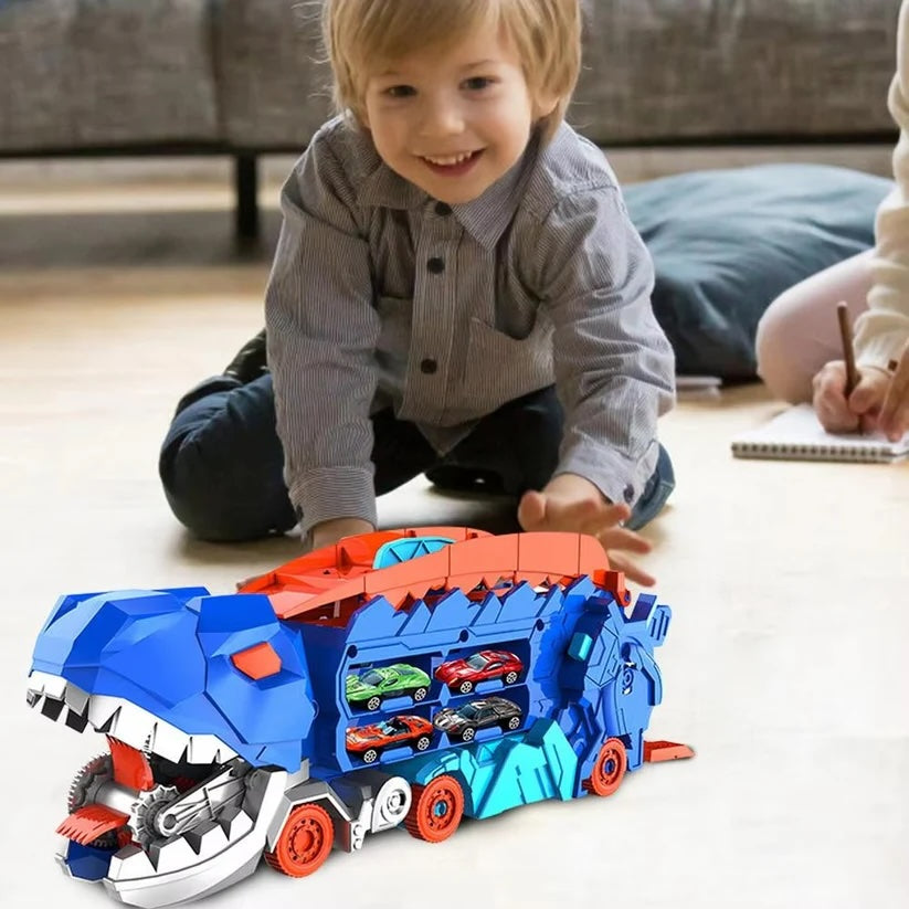 "Dinosaurier-Spielzeugtruck mit LED-Lichtern, verwandelt sich in Dinosaurier, farbenfroh für Kinderabenteuer"