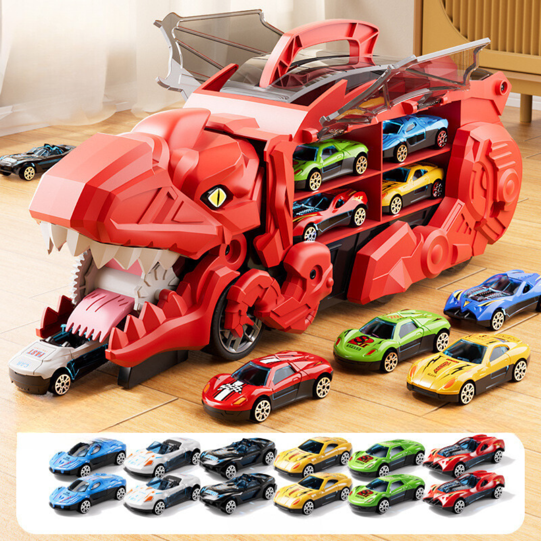"Dinosaurier-Spielzeugtruck mit LED-Lichtern, verwandelt sich in Dinosaurier, farbenfroh für Kinderabenteuer"