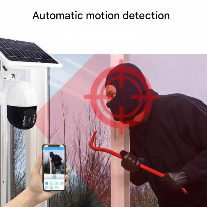 "Drahtlose 4K Sicherheitskamera mit Solarpanel und Doppel-Linse, wetterfest, Seitenansicht, Technologie & Gadgets"