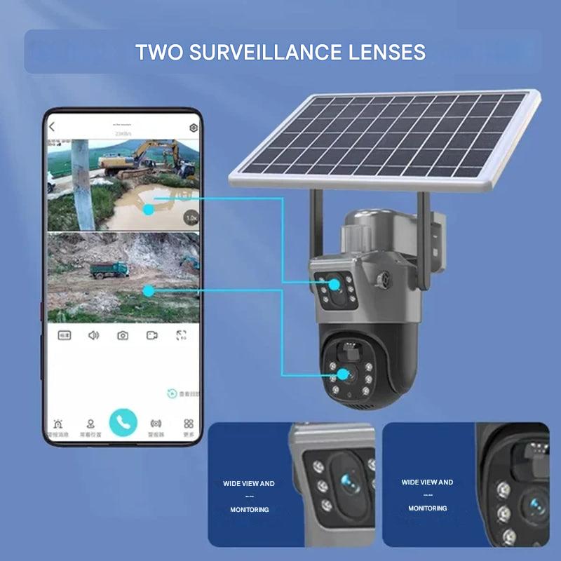 "Drahtlose 4K Sicherheitskamera mit Solarpanel und Doppel-Linse, wetterfest, Seitenansicht, Technologie & Gadgets"