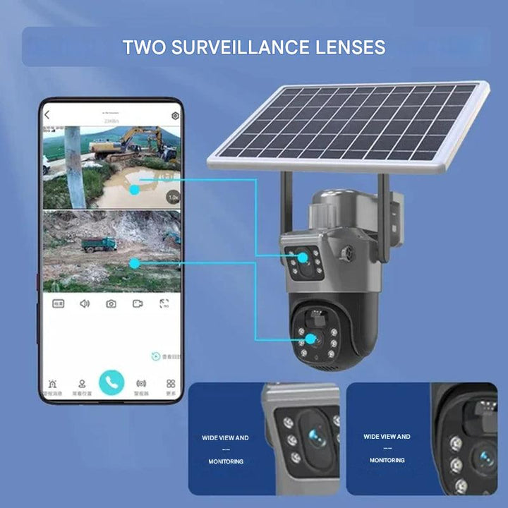 "Drahtlose 4K Sicherheitskamera mit Solarpanel und Doppel-Linse, wetterfest, Seitenansicht, Technologie & Gadgets"