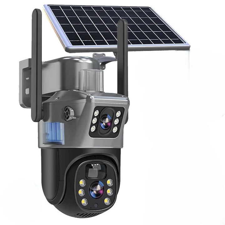 "Drahtlose 4K Sicherheitskamera mit Solarpanel und Doppel-Linse, wetterfest, Seitenansicht, Technologie & Gadgets"