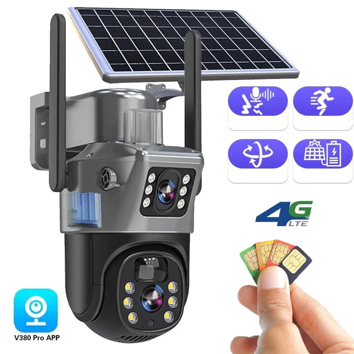 "Drahtlose 4K Sicherheitskamera mit Solarpanel und Doppel-Linse, wetterfest, Seitenansicht, Technologie & Gadgets"