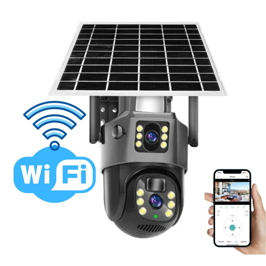 "Drahtlose 4K Sicherheitskamera mit Solarpanel und Doppel-Linse, wetterfest, Seitenansicht, Technologie & Gadgets"