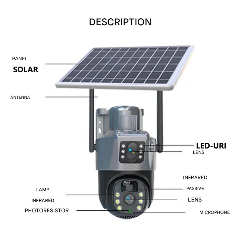 "Drahtlose 4K Sicherheitskamera mit Solarpanel und Doppel-Linse, wetterfest, Seitenansicht, Technologie & Gadgets"