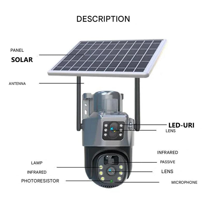 "Drahtlose 4K Sicherheitskamera mit Solarpanel und Doppel-Linse, wetterfest, Seitenansicht, Technologie & Gadgets"