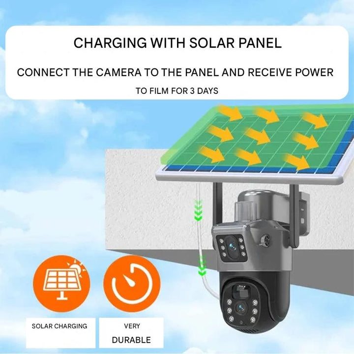 "Drahtlose 4K Sicherheitskamera mit Solarpanel und Doppel-Linse, wetterfest, Seitenansicht, Technologie & Gadgets"
