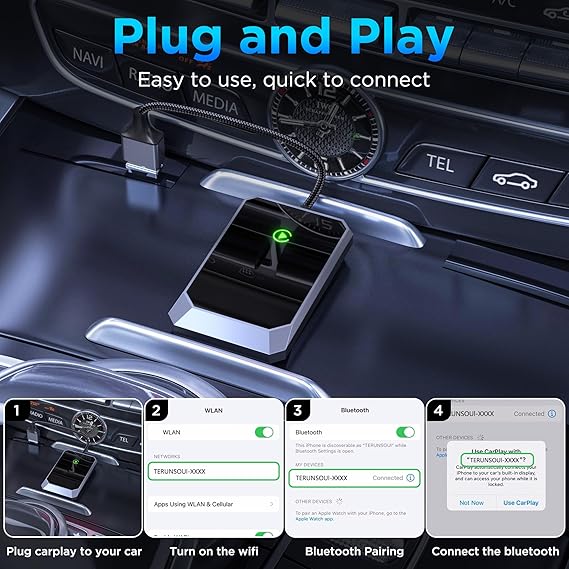 "Drahtloser CarPlay-Adapter im Auto-Steckplatz mit elegantem, schwarzglänzendem Design, für kabellose Konnektivität."