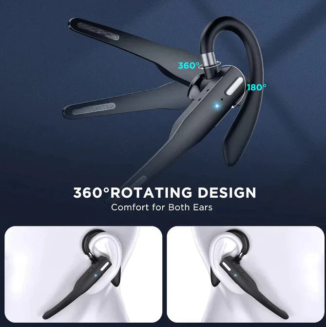"Drahtloses Bluetooth 5.1 Headset in Schwarz mit Dual-Mikrofon und flexiblem Ohrbügel für kristallklare Kommunikation."