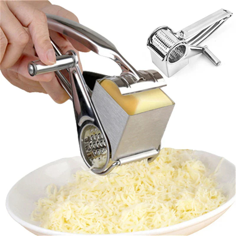 "Drehbare Käsereibe aus Edelstahl, vielseitig einsetzbar für Käse, Gemüse und Nüsse, stilvolles Design, manuelle Handkurbel."