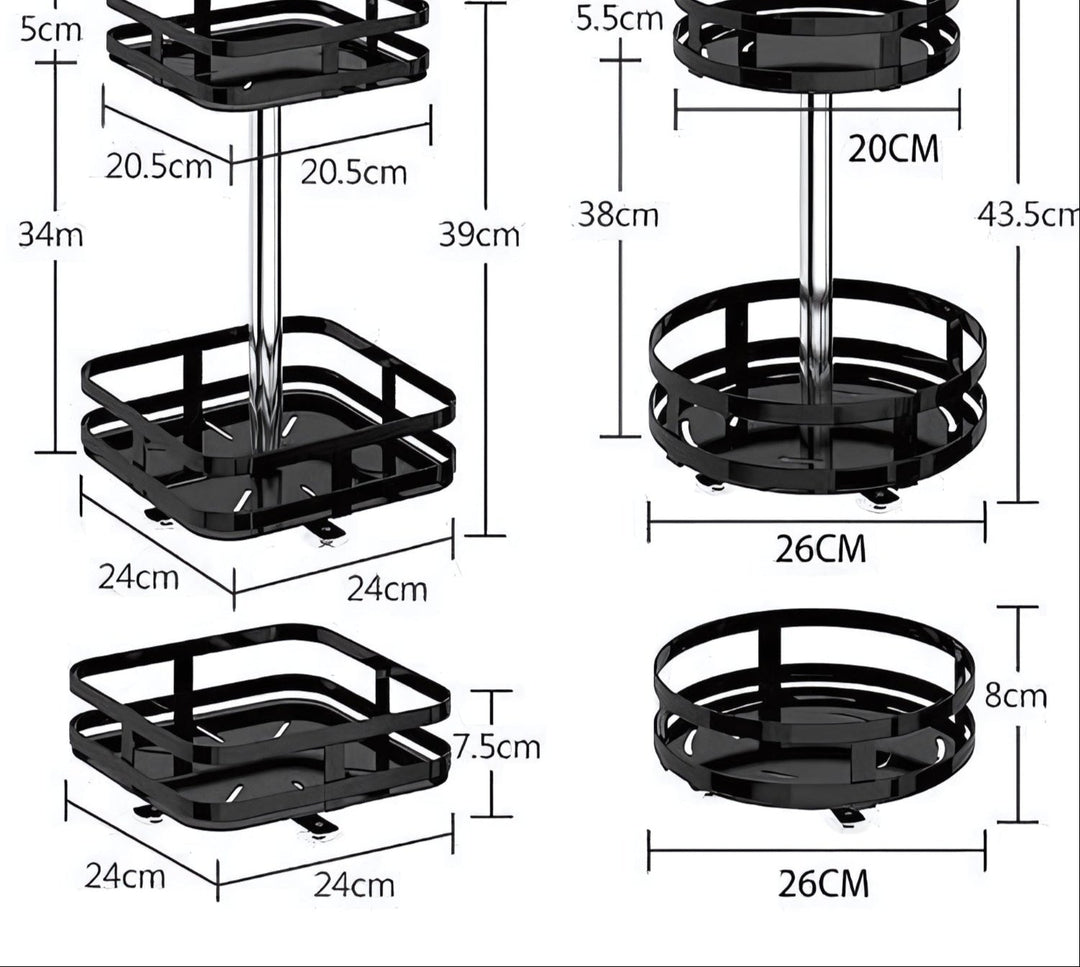 "Drehbares, höhenverstellbares Aufbewahrungsregal aus Metall, ideal für Küche oder Bad, mit modernem Design."