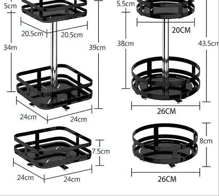 "Drehbares, höhenverstellbares Aufbewahrungsregal aus Metall, ideal für Küche oder Bad, mit modernem Design."
