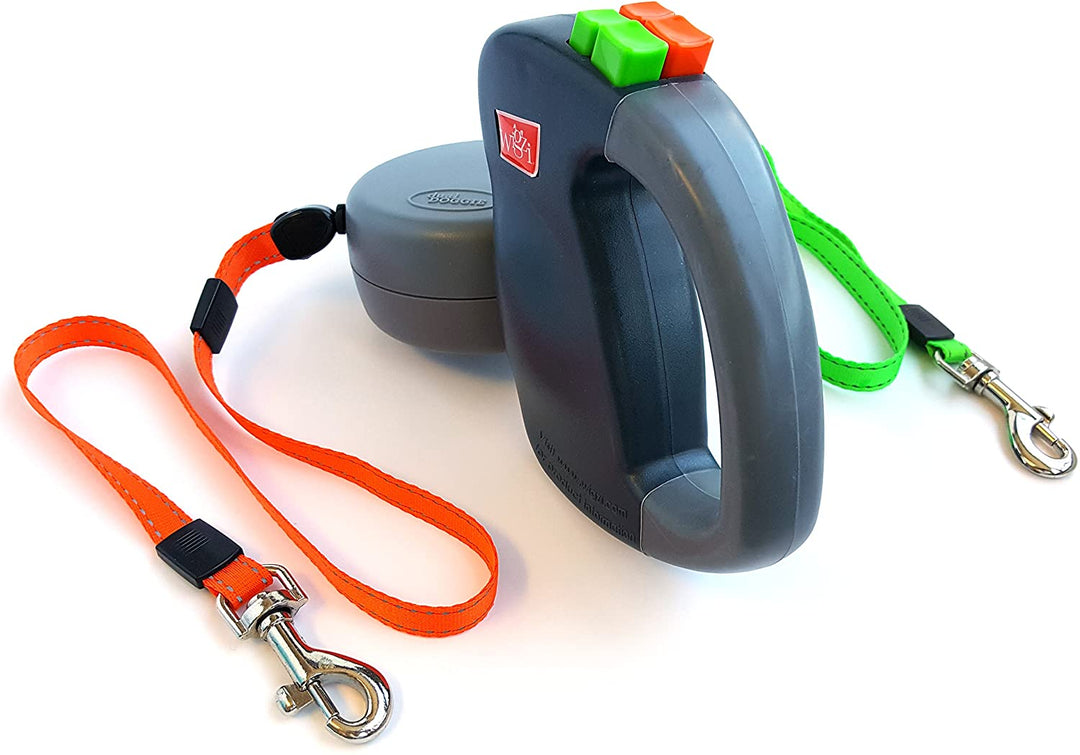 "Dual Dog Flexileine mit 360-Grad-Technologie, ergonomisch, reflektierend, für zwei Hunde, farbcodierte Leinen"