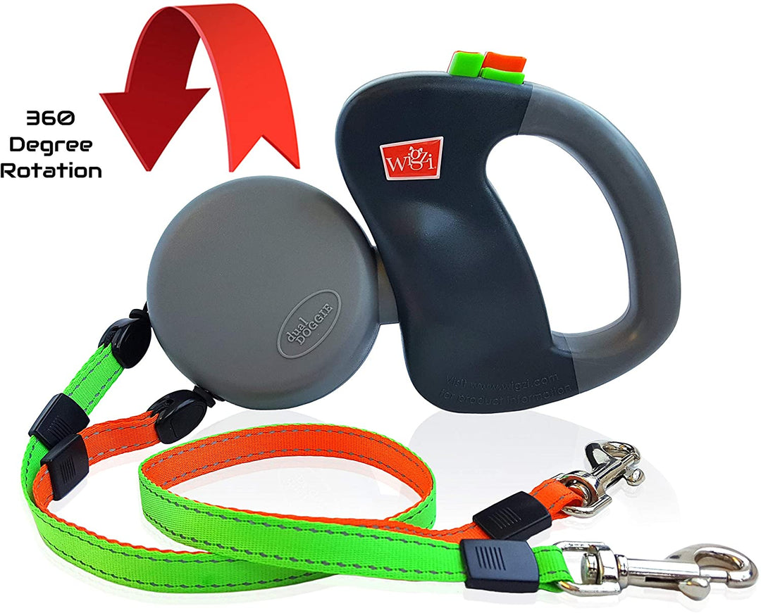 "Dual Dog Flexileine mit 360-Grad-Technologie, ergonomisch, reflektierend, für zwei Hunde, farbcodierte Leinen"