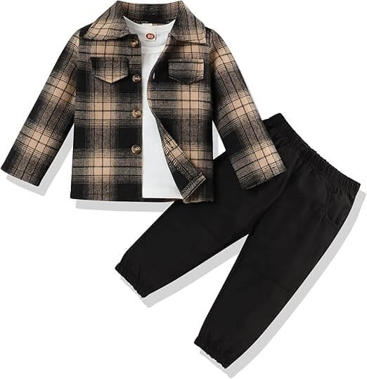 Ensemble 3 pièces pour tout-petit : chemise en flanelle, chemise et pantalon