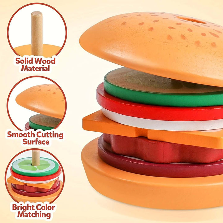 Jeu d'empilage en bois Montessori Burger - motricité fine et créativité