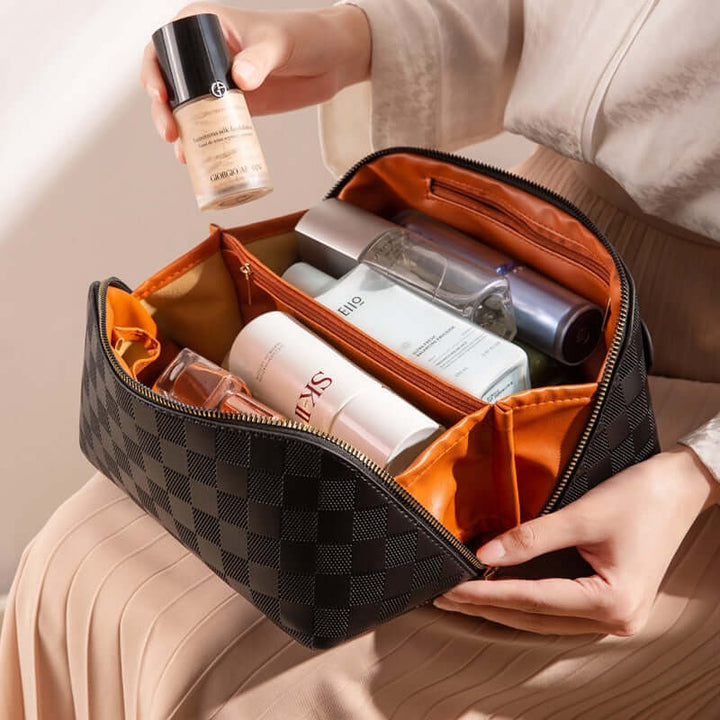 Trousse de maquillage spacieuse en cuir PU