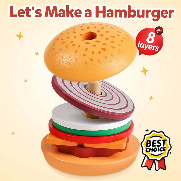 Jeu d'empilage en bois Montessori Burger - motricité fine et créativité