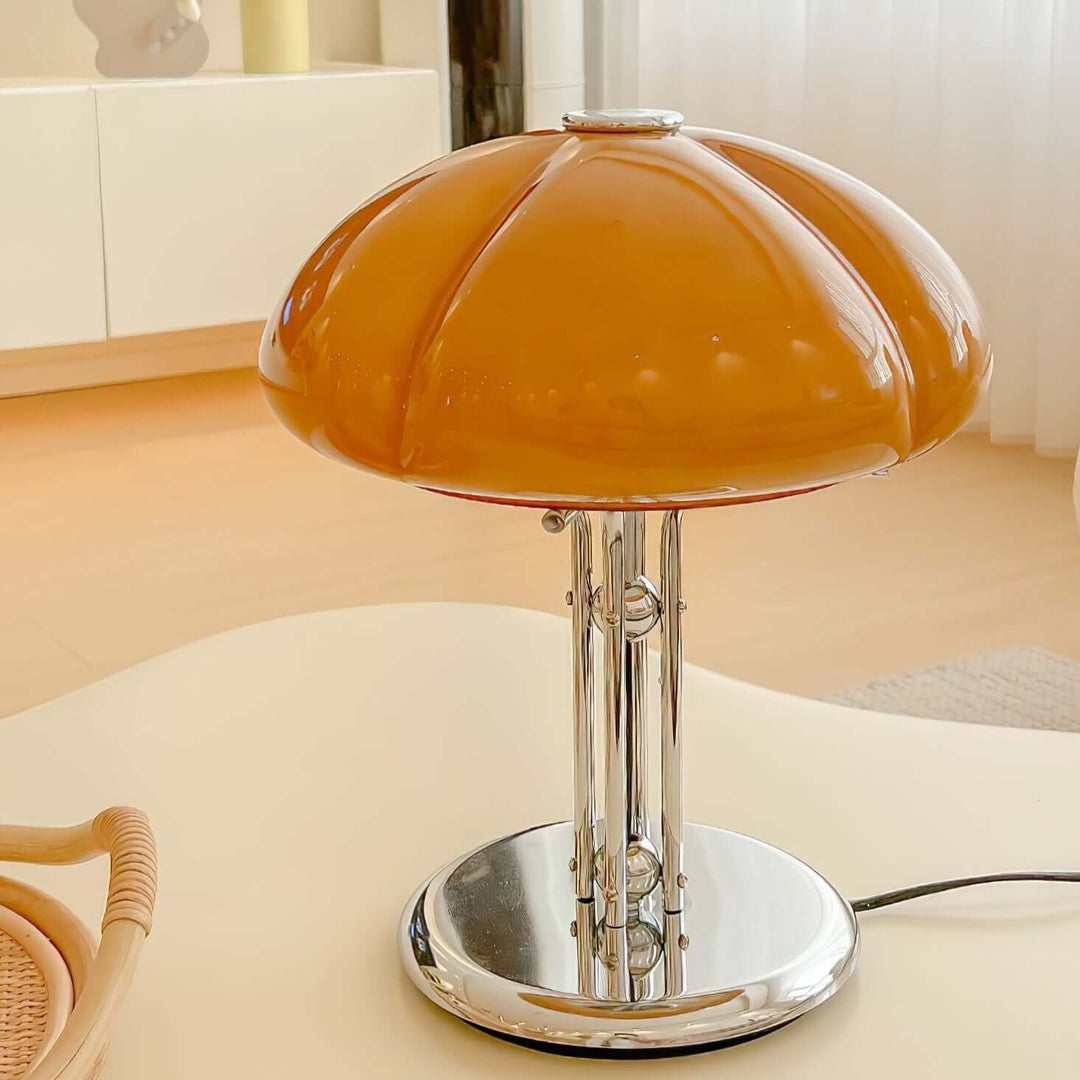 Pilz Design Tischlampe Glas Bernstein