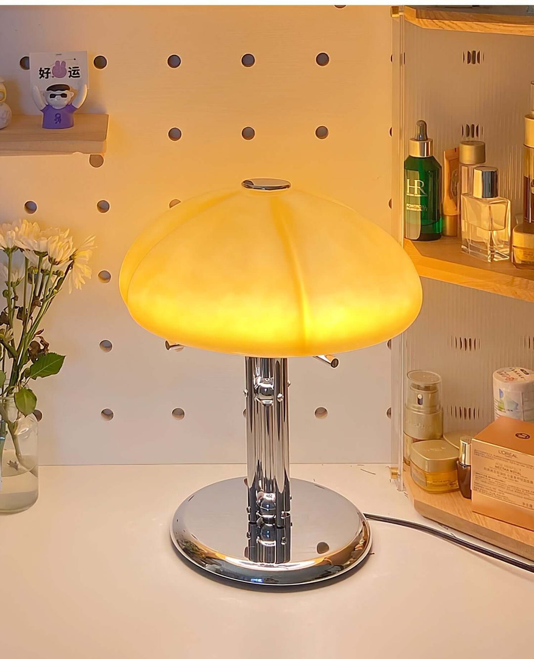 Pilz Design Tischlampe Glas Bernstein