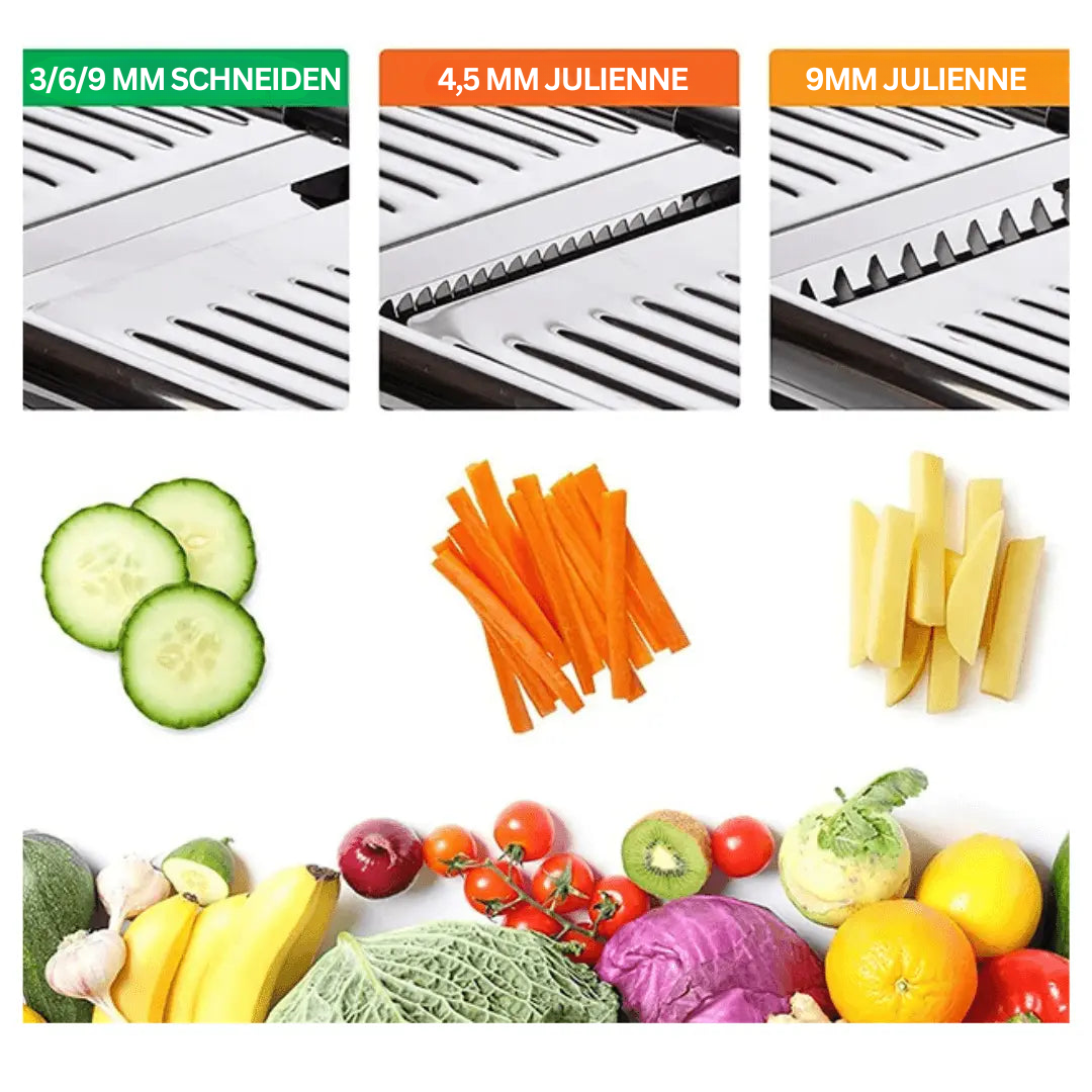 "Edelstahl-Mandoline, verstellbar, präzise Klingen, robust, ideal für Gemüse, multifunktional, sicherheitsgeprüft, hochwertig