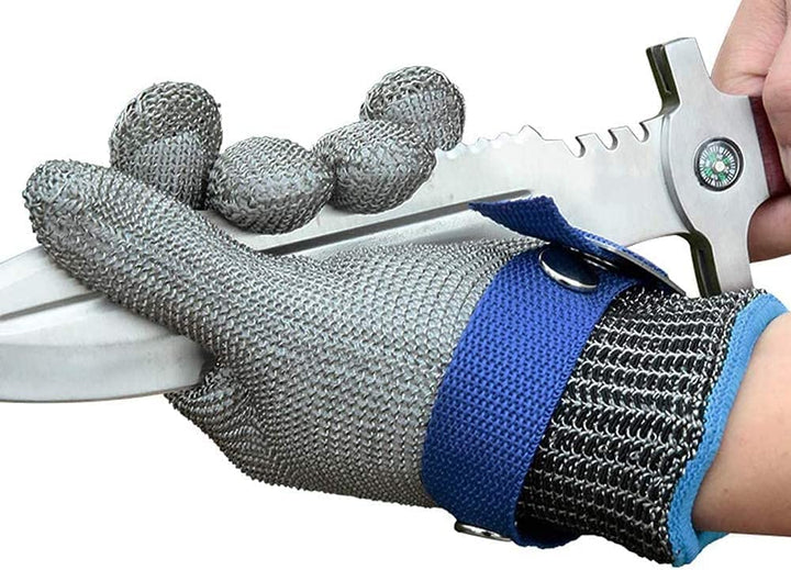 "Edelstahl-Schnittschutzhandschuh, grau, aus Edelstahlgeflecht, bietet ANSI A9 Schutz, ideal für Küche und Fleischverarbeitun
