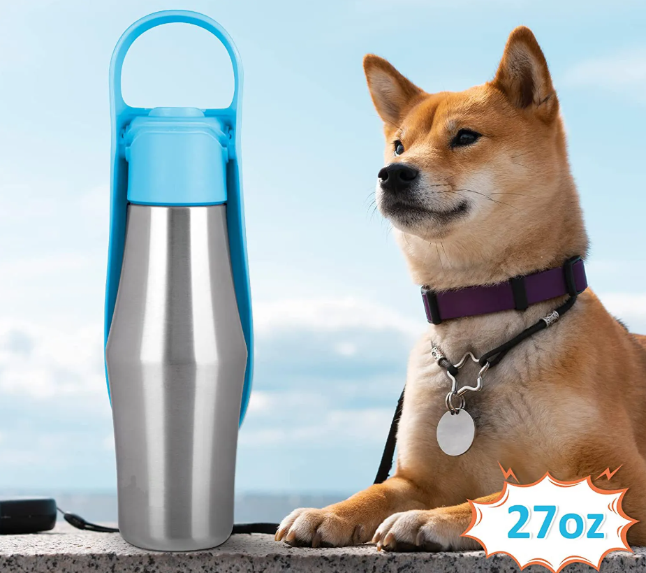Edelstahl-Trinkflasche für Hunde mit integriertem faltbarem Napf, ideal für unterwegs, hygienisch und praktisch.