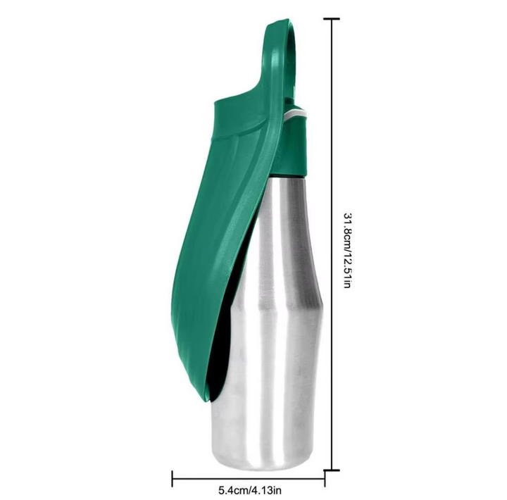 Edelstahl-Trinkflasche für Hunde mit integriertem faltbarem Napf, ideal für unterwegs, hygienisch und praktisch.