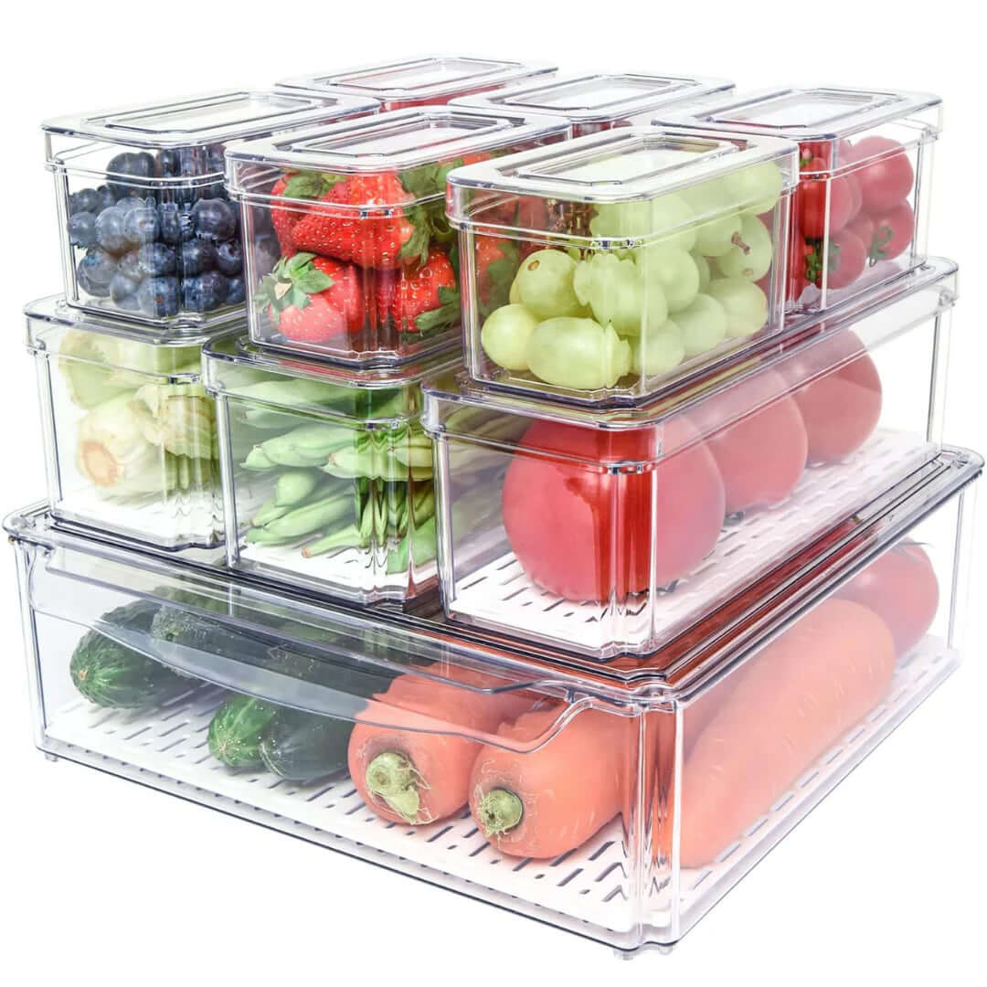 10er Set Stapelbare Kühlschrank-Organizerboxen