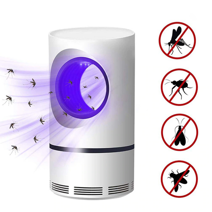 "Effektive Mückenschutz Lampe mit 365nm Licht, leiser Betrieb, stilvolles Design, zieht Mücken und Insekten im Freien an."