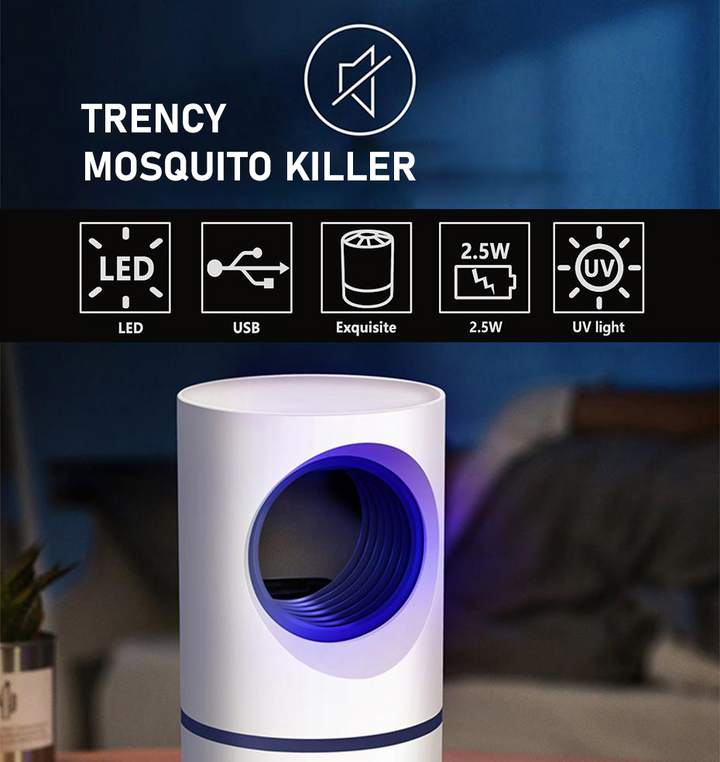 "Effektive Mückenschutz Lampe mit 365nm Licht, leiser Betrieb, stilvolles Design, zieht Mücken und Insekten im Freien an."