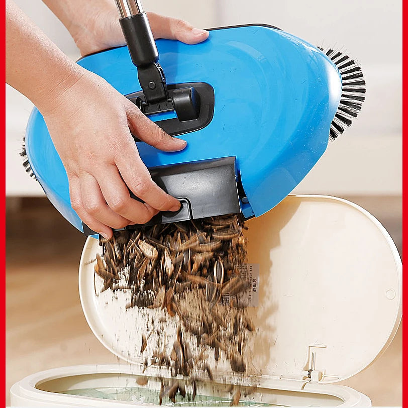 "Effizienter 2-in-1 Staubsauger Besen, blau und rot, ergonomisch, multifunktional, Besen und Wischer in einem, stromlos."