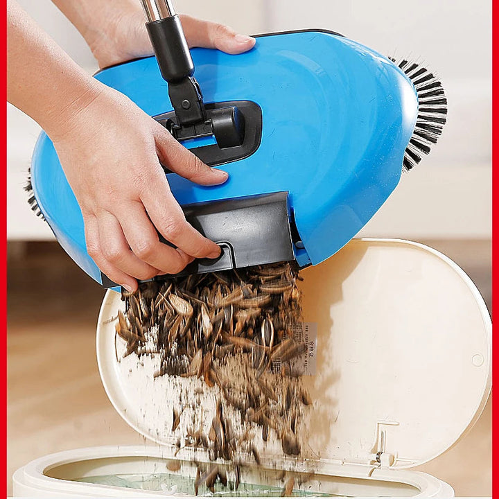 "Effizienter 2-in-1 Staubsauger Besen, blau und rot, ergonomisch, multifunktional, Besen und Wischer in einem, stromlos."