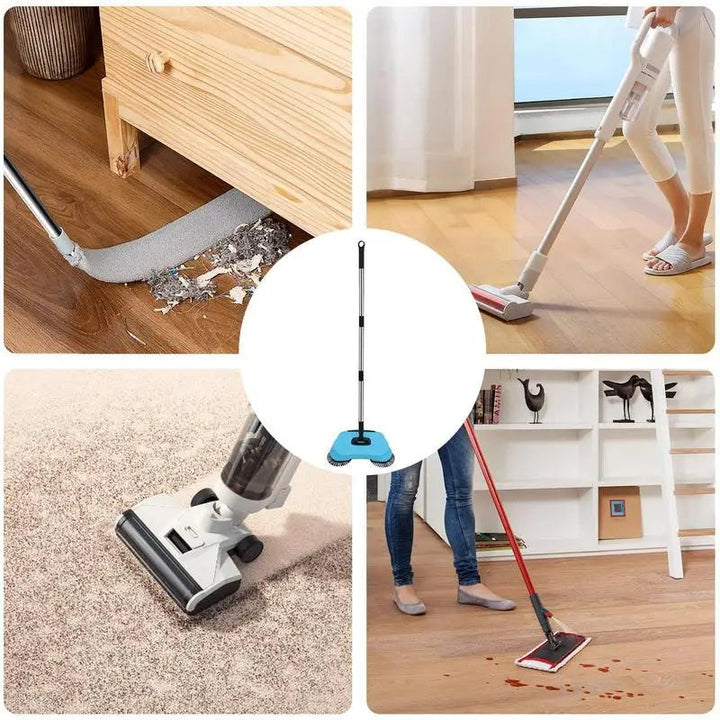 "Effizienter 2-in-1 Staubsauger Besen, blau und rot, ergonomisch, multifunktional, Besen und Wischer in einem, stromlos."