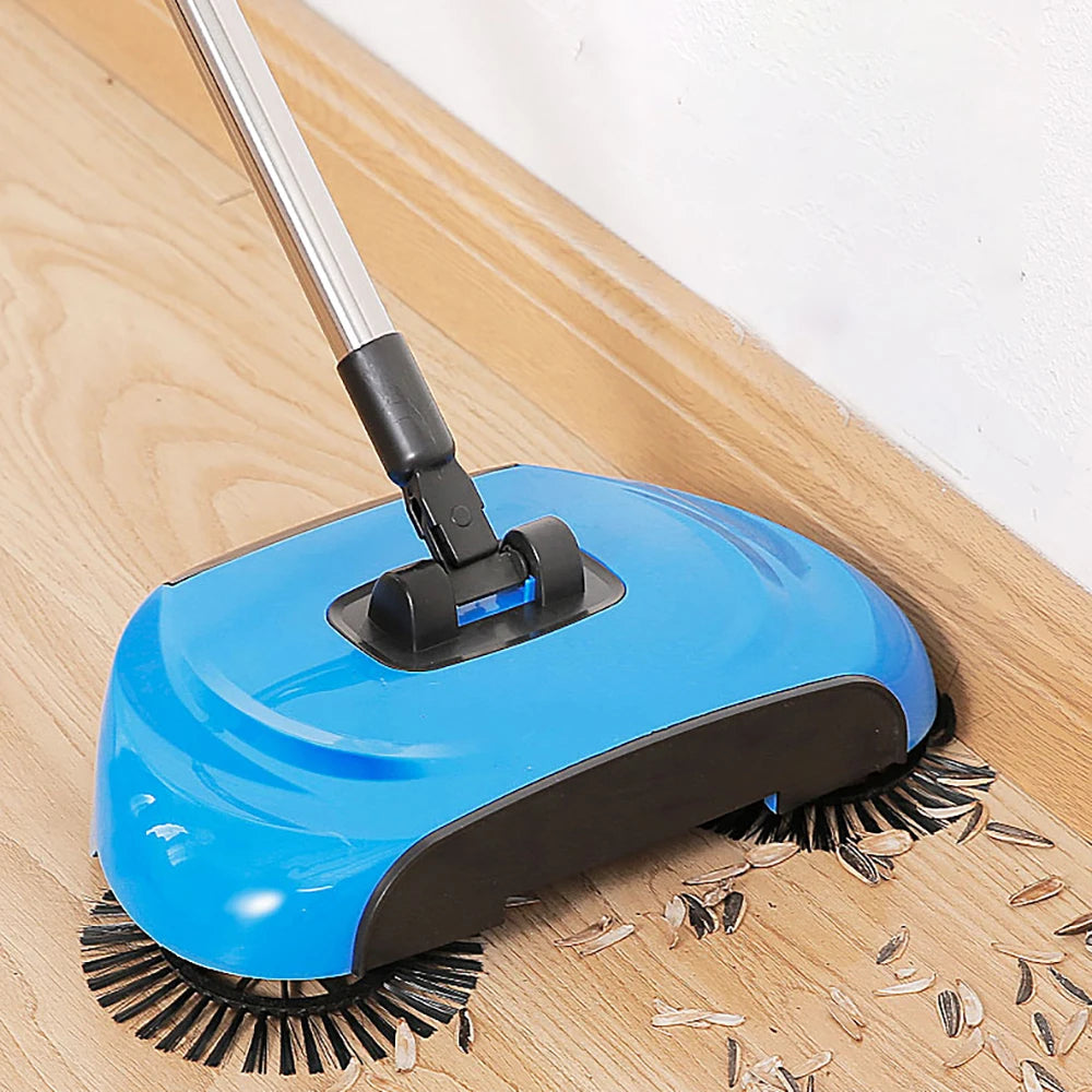 "Effizienter 2-in-1 Staubsauger Besen, blau und rot, ergonomisch, multifunktional, Besen und Wischer in einem, stromlos."