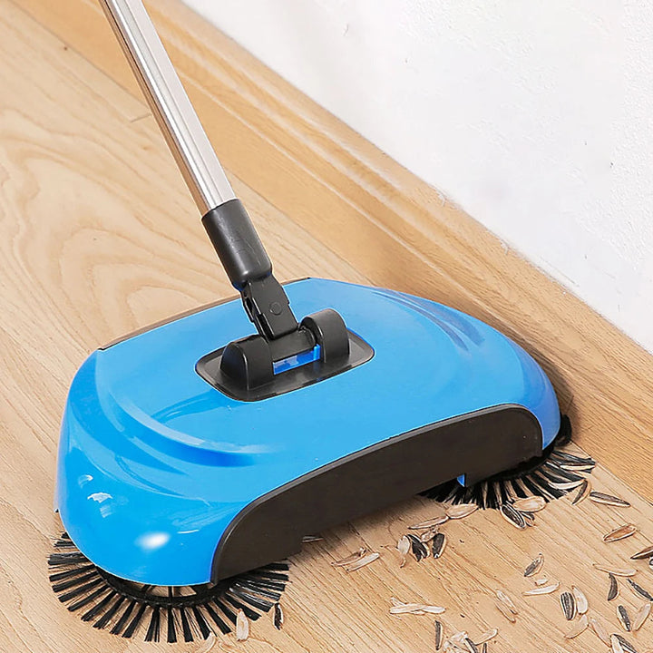 "Effizienter 2-in-1 Staubsauger Besen, blau und rot, ergonomisch, multifunktional, Besen und Wischer in einem, stromlos."