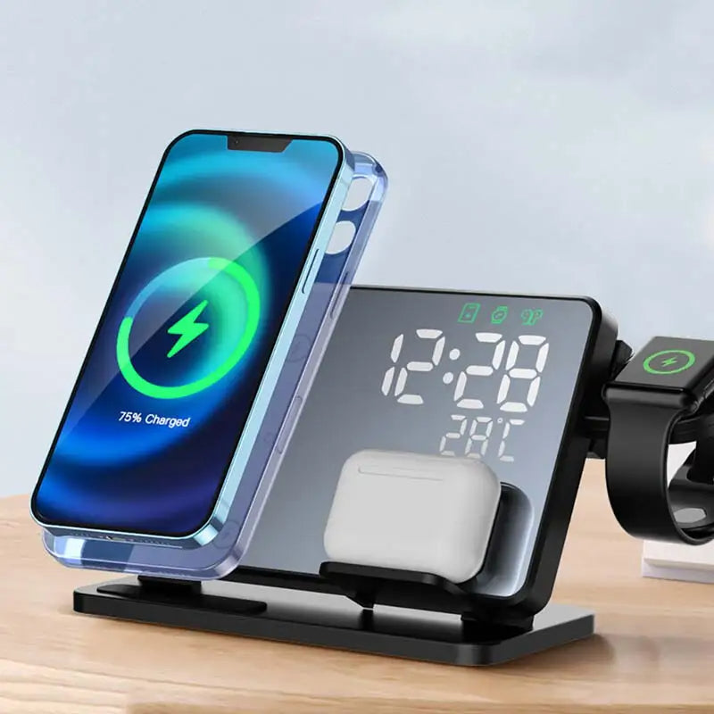 "Elegante 3-in-1 Schnellladestation mit Wecker, ideal für kabelloses Laden von iPhone, Apple Watch & AirPods."