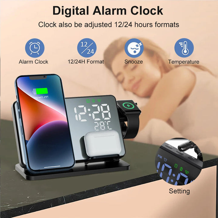 "Elegante 3-in-1 Schnellladestation mit Wecker, ideal für kabelloses Laden von iPhone, Apple Watch & AirPods."