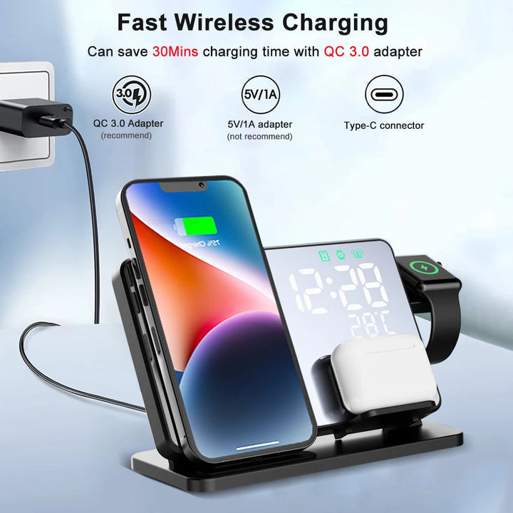 "Elegante 3-in-1 Schnellladestation mit Wecker, ideal für kabelloses Laden von iPhone, Apple Watch & AirPods."
