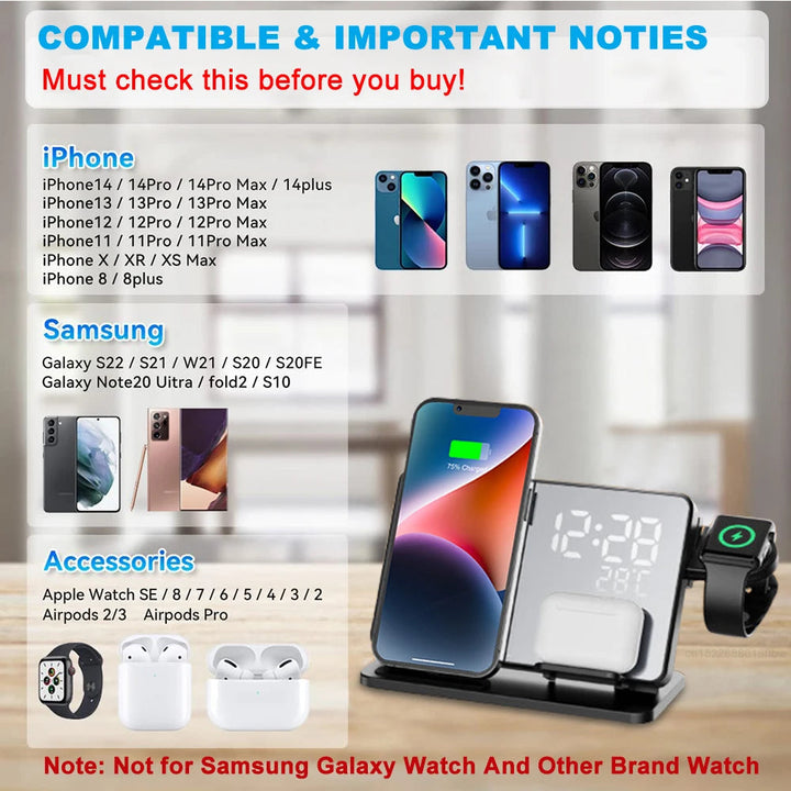 "Elegante 3-in-1 Schnellladestation mit Wecker, ideal für kabelloses Laden von iPhone, Apple Watch & AirPods."