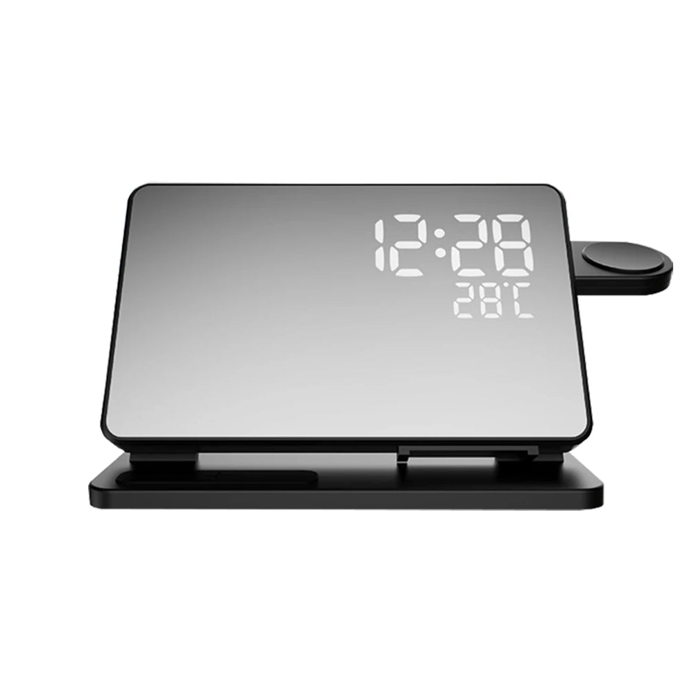 "Elegante 3-in-1 Schnellladestation mit Wecker, ideal für kabelloses Laden von iPhone, Apple Watch & AirPods."