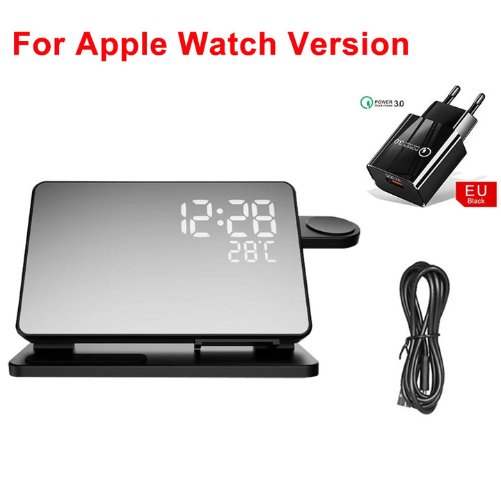 "Elegante 3-in-1 Schnellladestation mit Wecker, ideal für kabelloses Laden von iPhone, Apple Watch & AirPods."