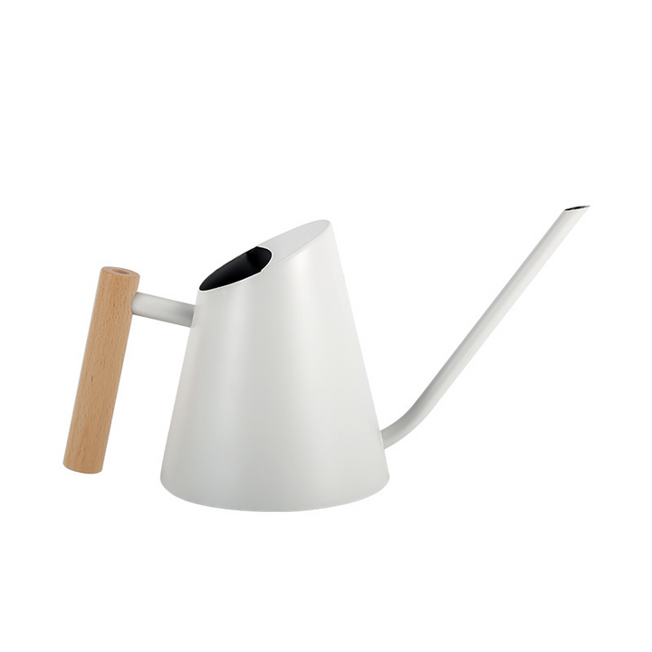 "Elegante Gießkanne mit ergonomischem Holzgriff, ideal für stilvolles Gießen im Garten. Mattes Weiß, langlebig, 900ML Kapazit